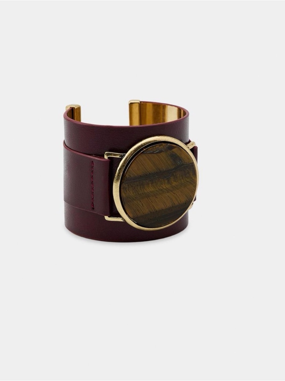 🔥🔥Zara Wide Burgundy Leather Cuff Bracelet with Tiger Eye Stone